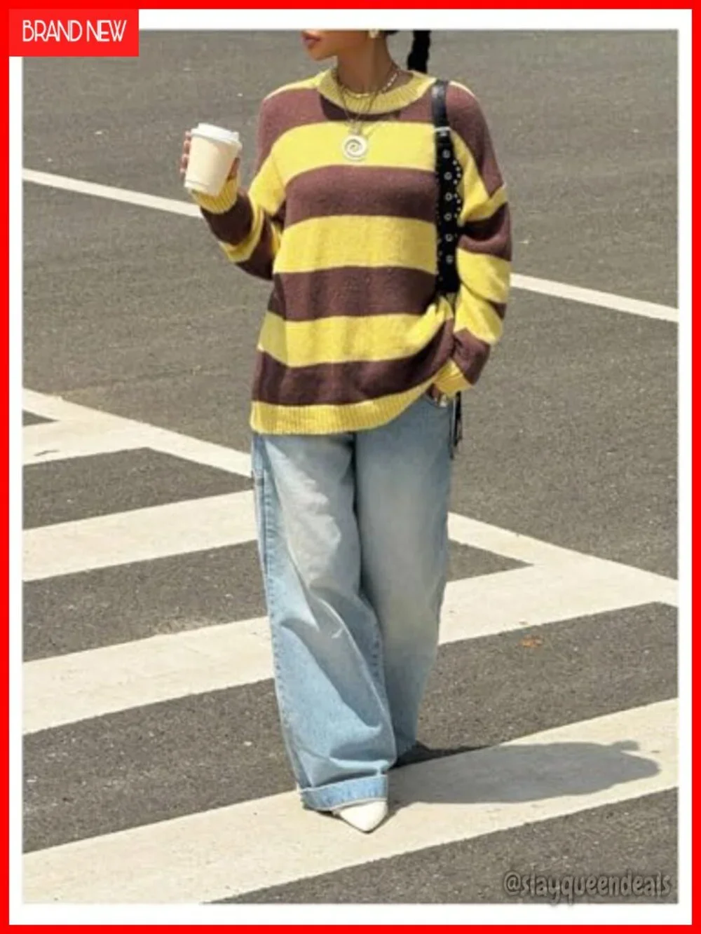 Striped Crewneck Long Sleeve Loose Knitted Pullover Sweater